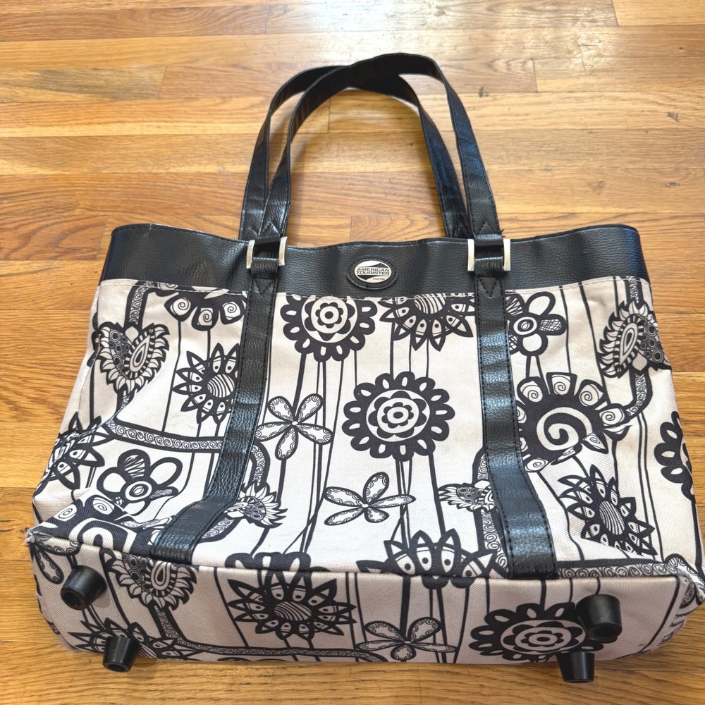 American Tourister Tote Bag Black White Floral Canvas Travel Shoulder Bag